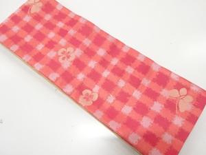 格子に花・蝶模様織り出し　半幅帯